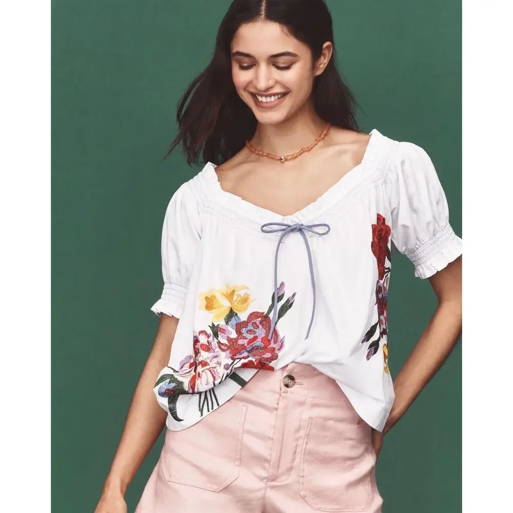 By Anthropologie Puff-Sleeve Tie-Front Embroidered Blouse | Size M